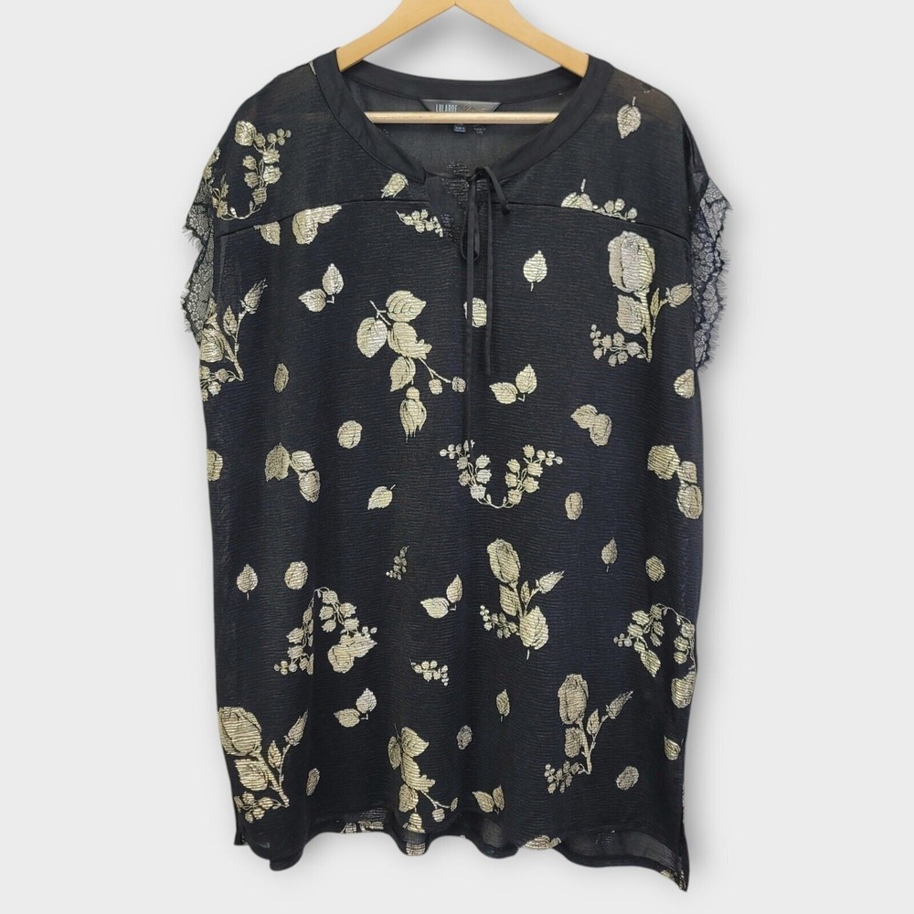 Women's Metallic Floral Lace Trim Sheer‎ Tunic Top Womens 3XL Black Gold Resort
